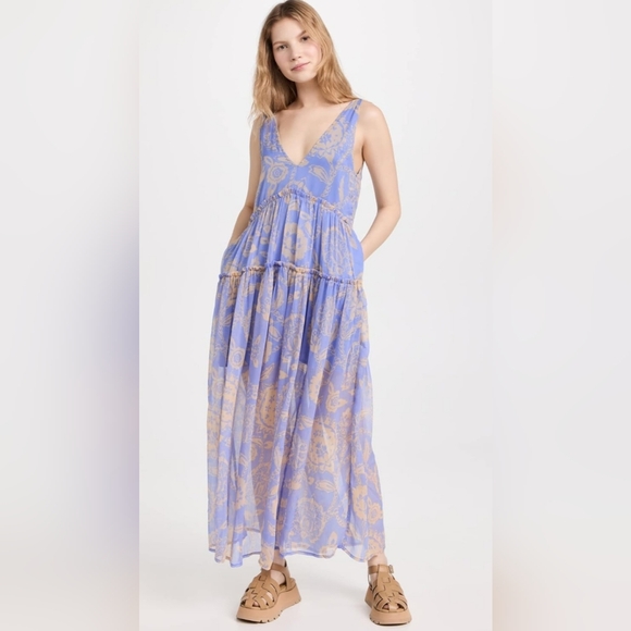 Free People Dresses & Skirts - Free People Julianna Floral Sheer Maxi Dress NWT Sz L Blue Print Ruffle Dress